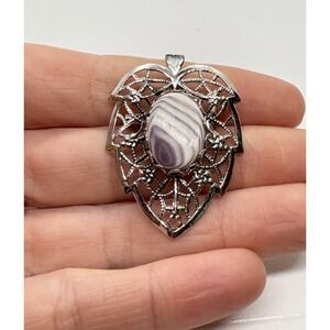 Vintage Silver-Tone Filigree Leaf Brooch Pendant with Mauve Art Glass‎ Cabochon